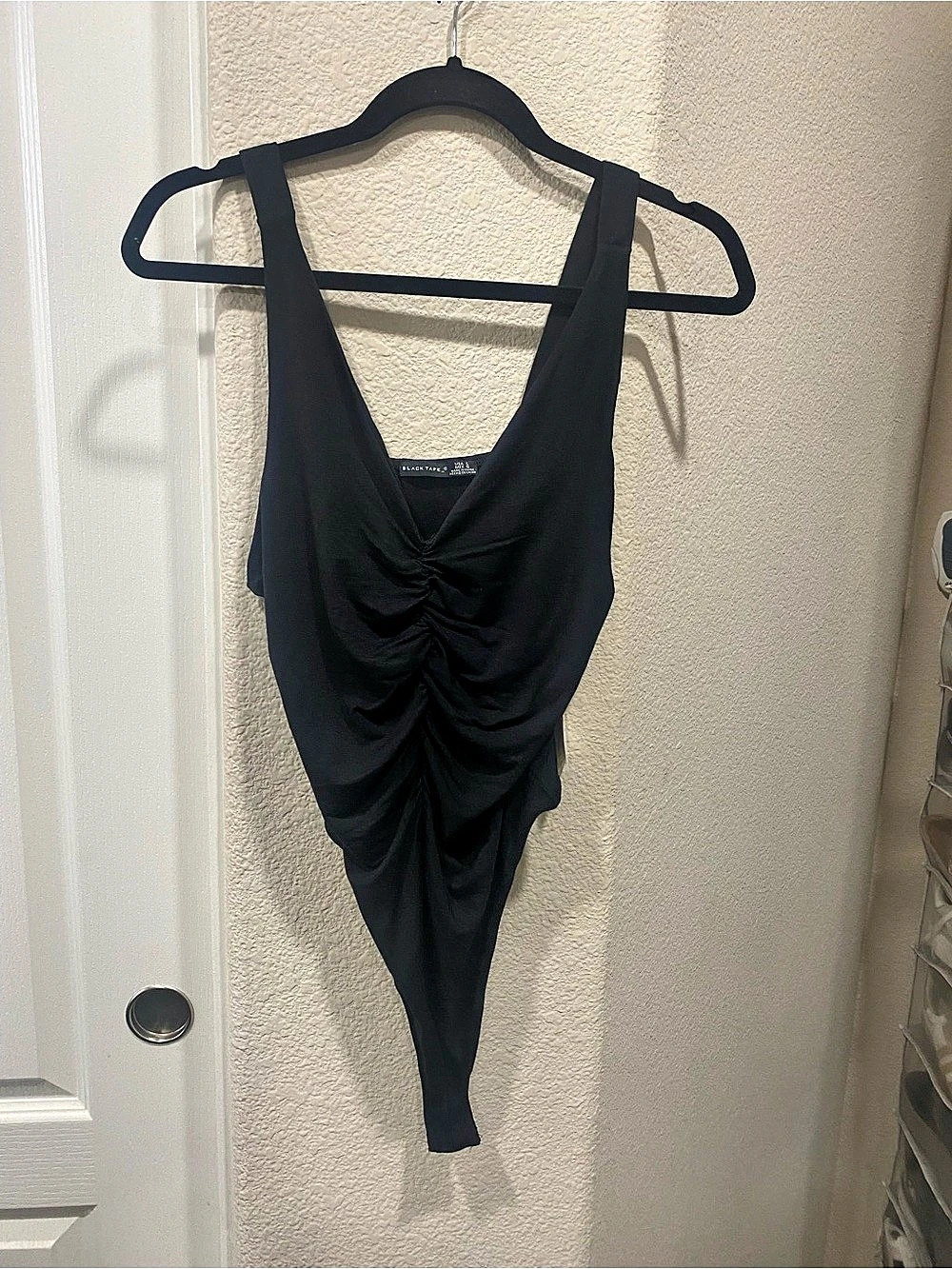 Black Tape Ruched One Piece body suit in Black Size Large NWT